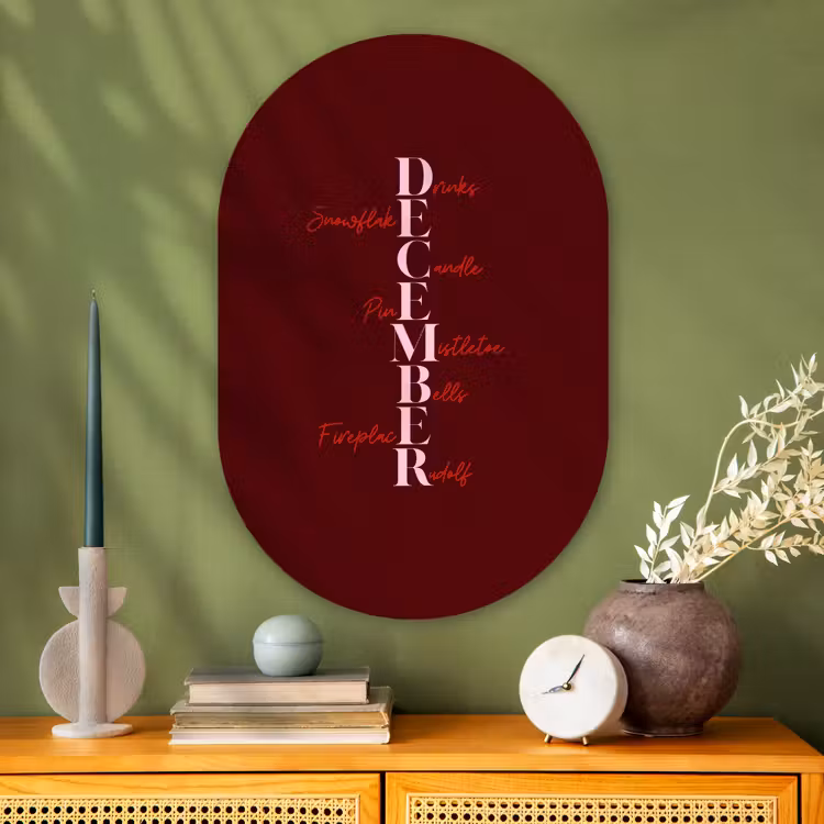 Muurovaal glas - December - Tekst - Kerst - Burgundy — 2