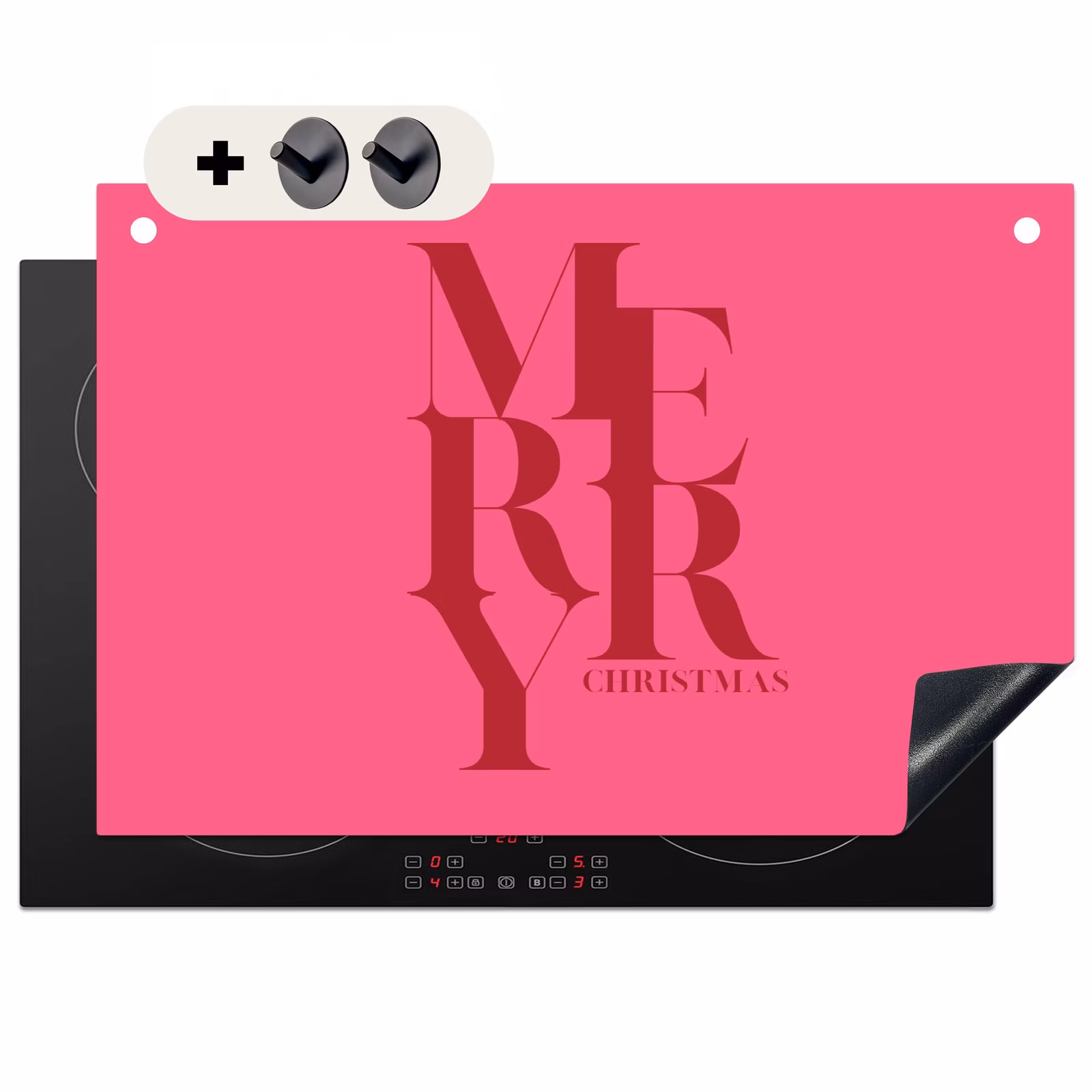 Inductiebeschermer & spatscherm (2in1) - Merry - Tekst - Kerst - Roze — 1