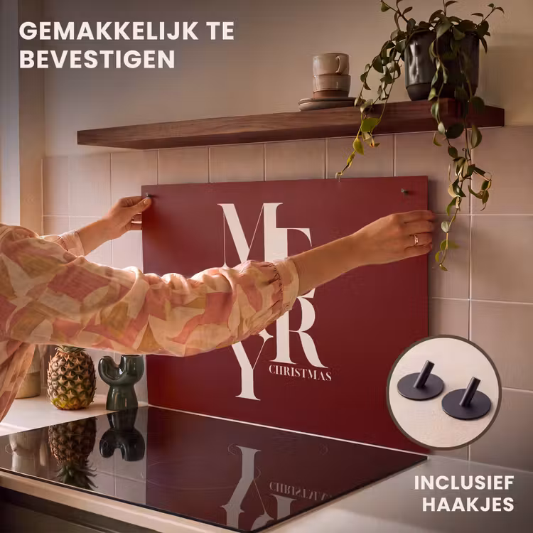 Inductiebeschermer & spatscherm (2in1) - Merry - Tekst - Donker - Rood — 7