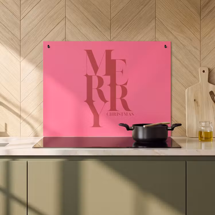 Inductiebeschermer & spatscherm (2in1) - Merry - Tekst - Kerst - Roze — 2