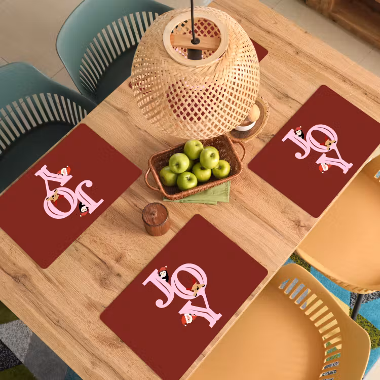 Placemat - 6 stuks - Joy - Kerst - Animatie - Rood - Roze — 6
