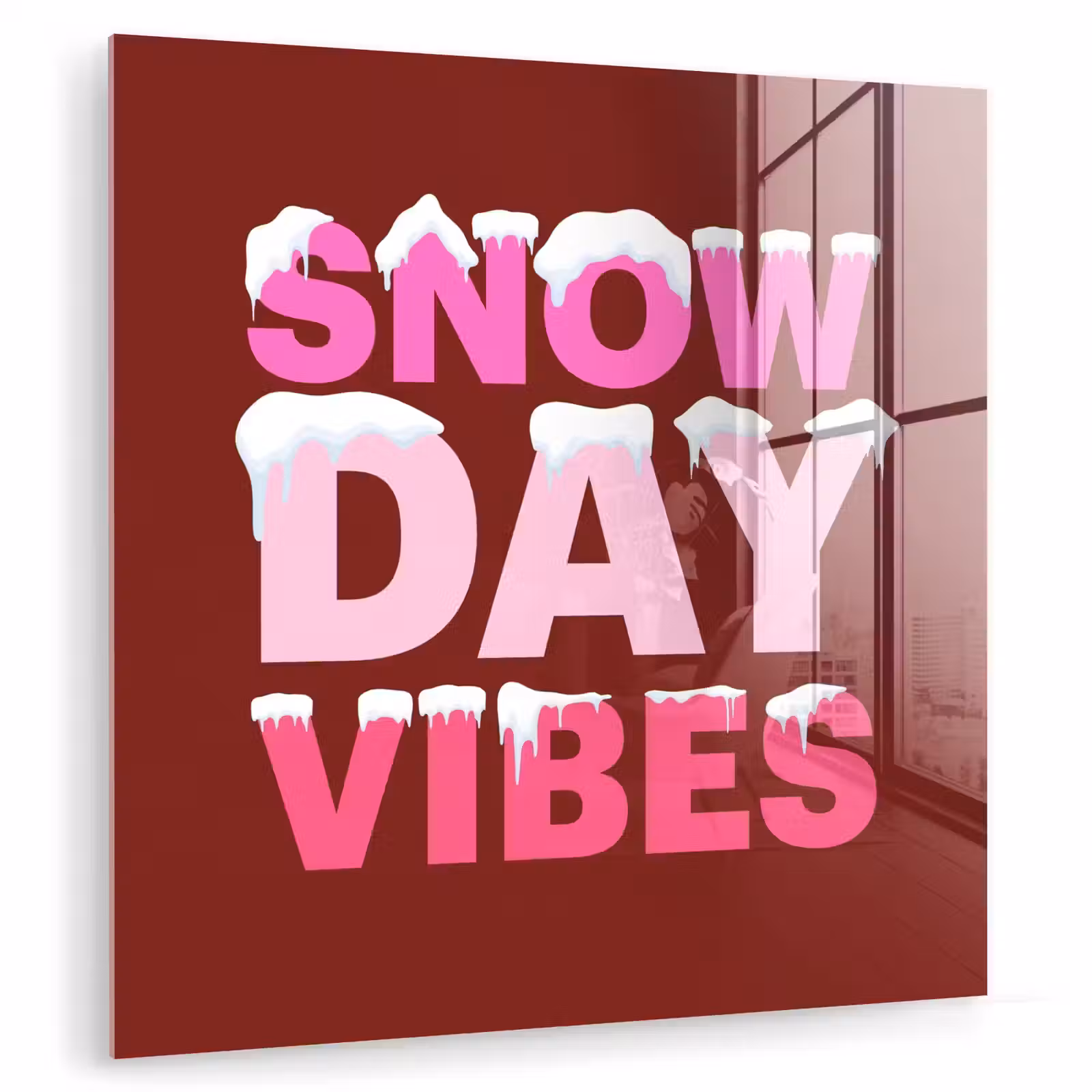 Glas schilderij - Kerst - Tekst - Sneeuw - Rood - Roze — 1