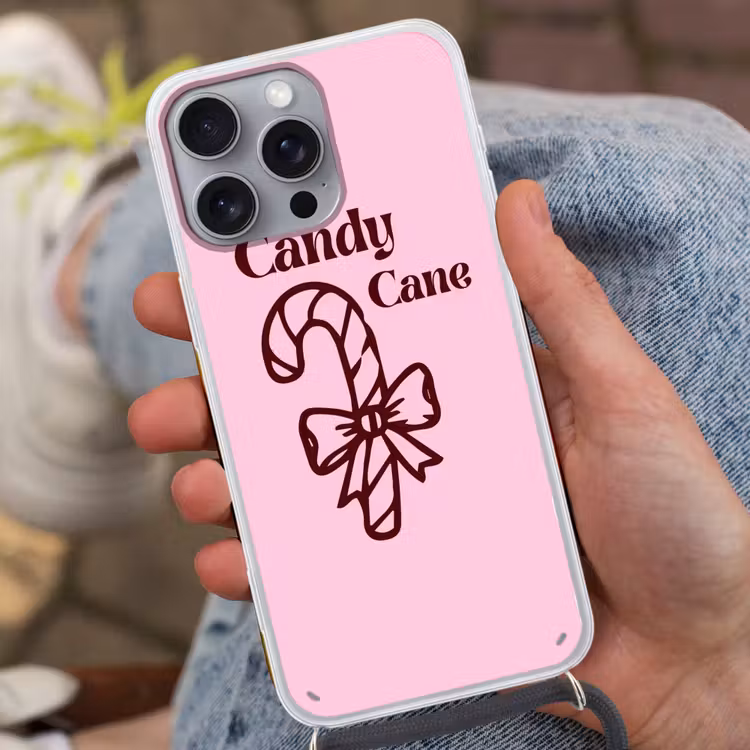 Telefoonhoesje met koord - Kerst - Snoep - Tekst - Bruin - Roze — 2