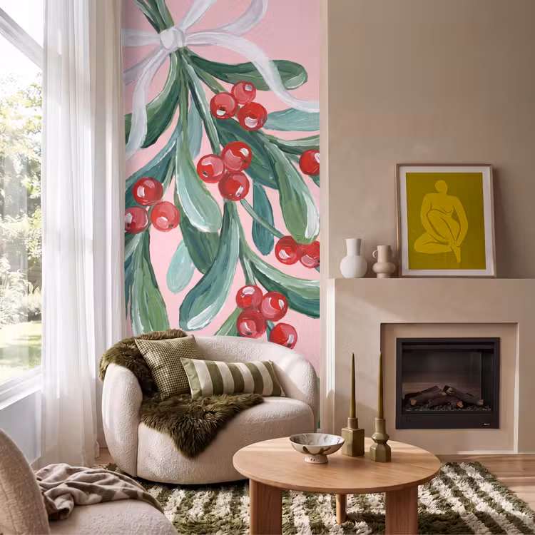 Behang - Plant - Kerst - Roze — 1