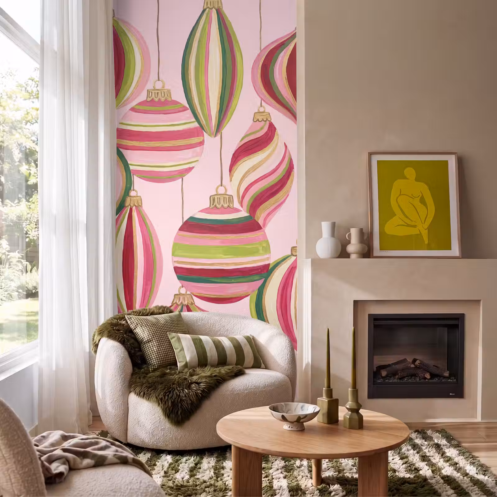 Behang - Kerstversiering - Gestreept - Roze — 1