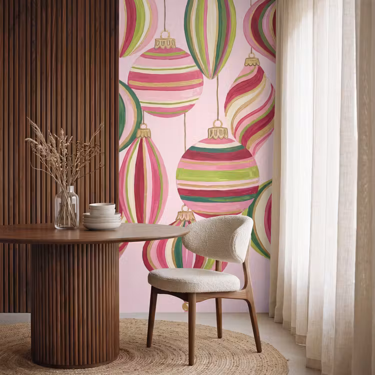 Behang - Kerstversiering - Gestreept - Roze — 4