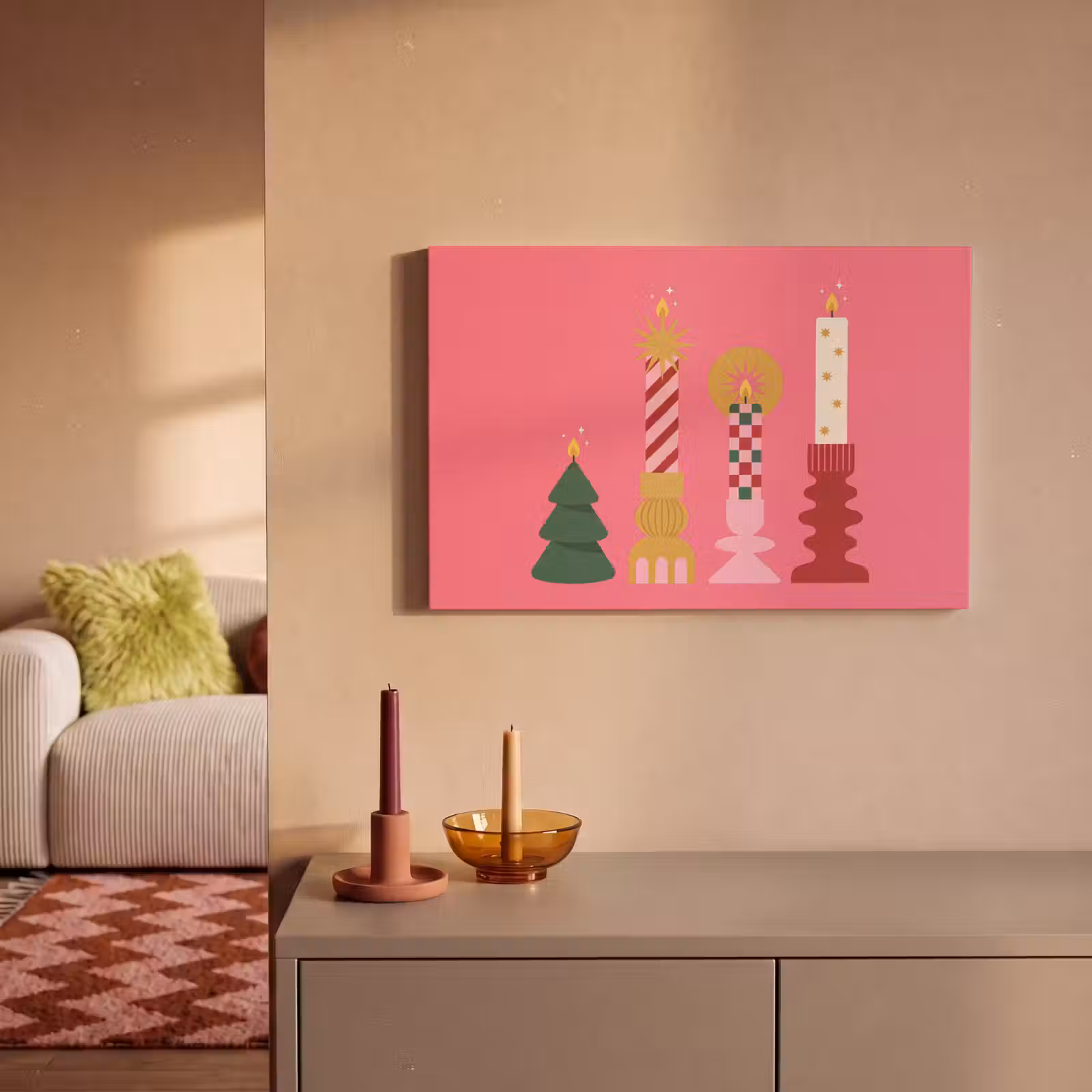 Canvas schilderij - Kaarsen - Feest - Roze — 1