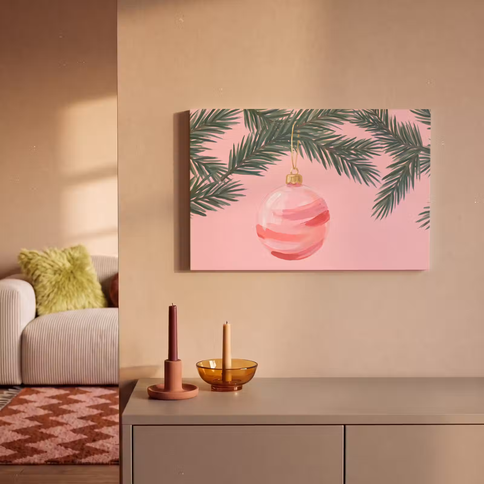 Canvas schilderij - Kerstbal - Roze - Kerst — 1