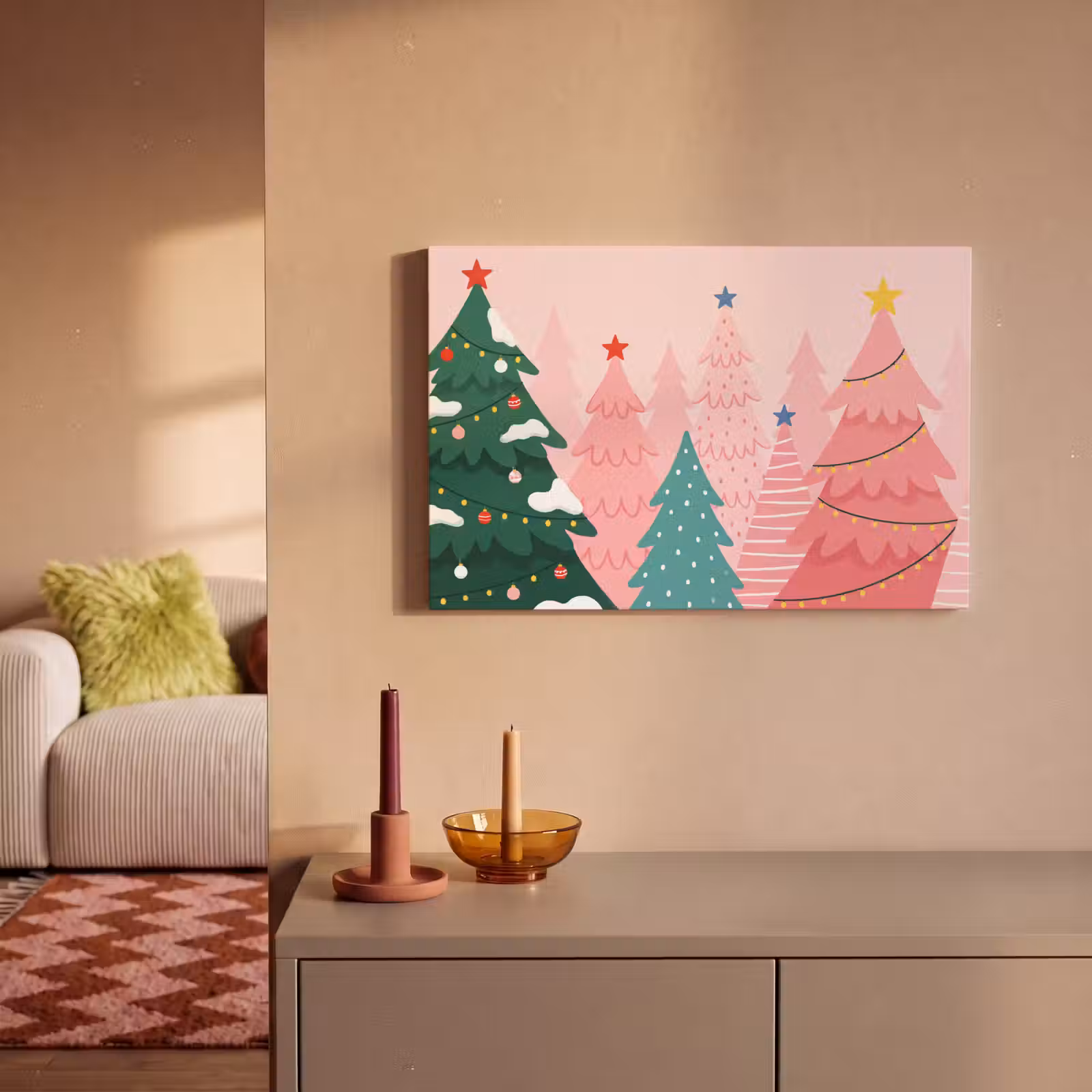 Canvas schilderij - Kerstbomen - Illustratie - Roze — 1