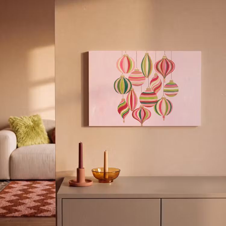 Canvas schilderij - Kerstversiering - Gestreept - Roze — 1