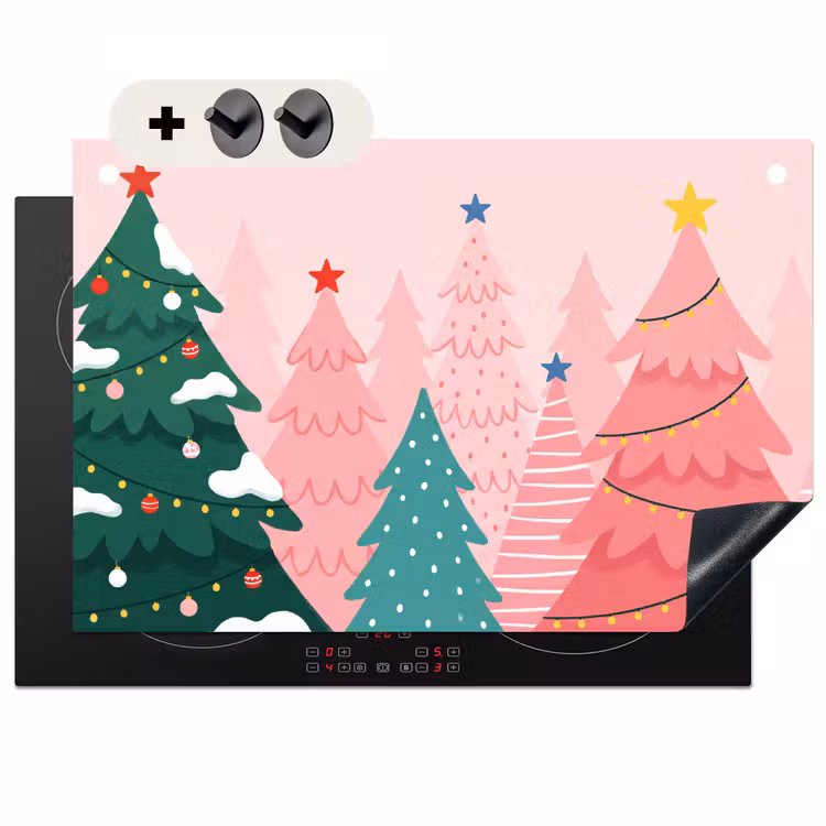 Inductiebeschermer & spatscherm (2in1) - Kerstbomen - Illustratie - Roze — 1
