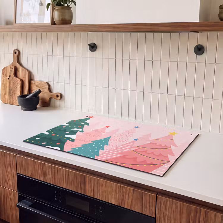 Inductiebeschermer & spatscherm (2in1) - Kerstbomen - Illustratie - Roze — 3