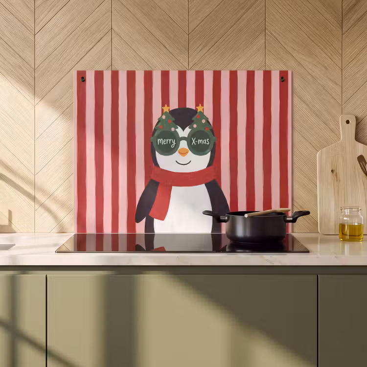 Inductiebeschermer & spatscherm (2in1) - Pinguïn - Kerst - Illustratie — 2