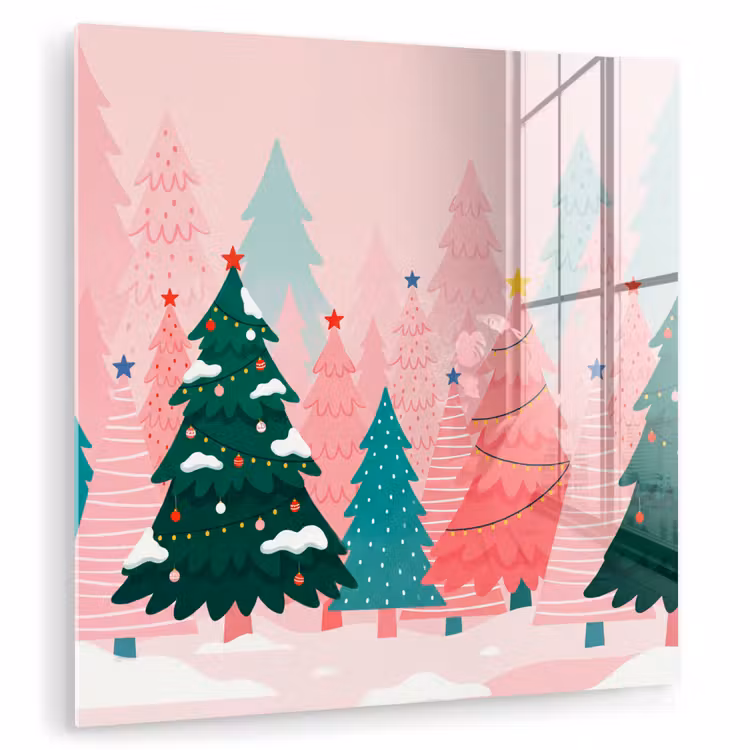 Glas schilderij - Kerstbomen - Illustratie - Roze — 1