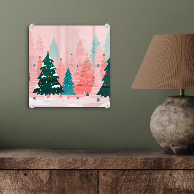 Glas schilderij - Kerstbomen - Illustratie - Roze — 4