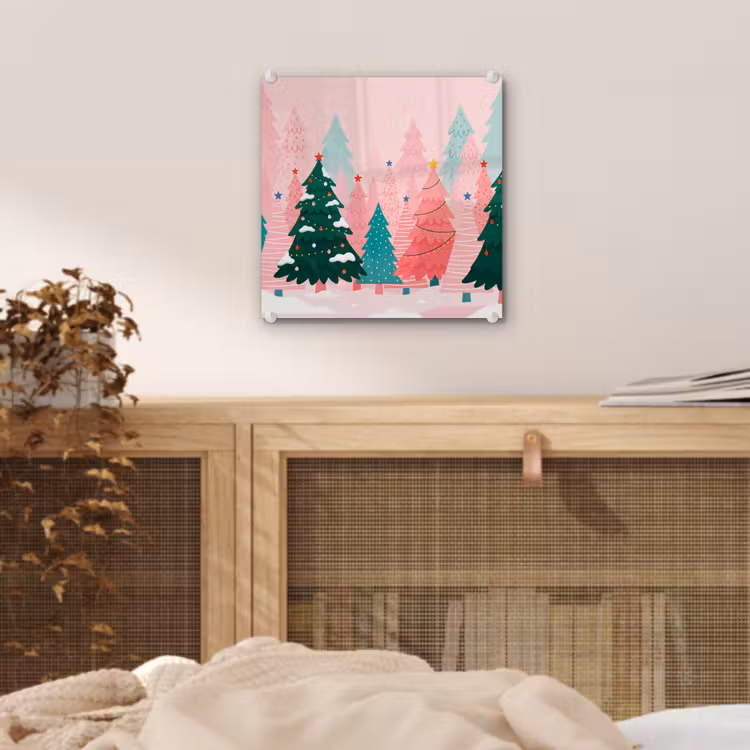 Glas schilderij - Kerstbomen - Illustratie - Roze — 5