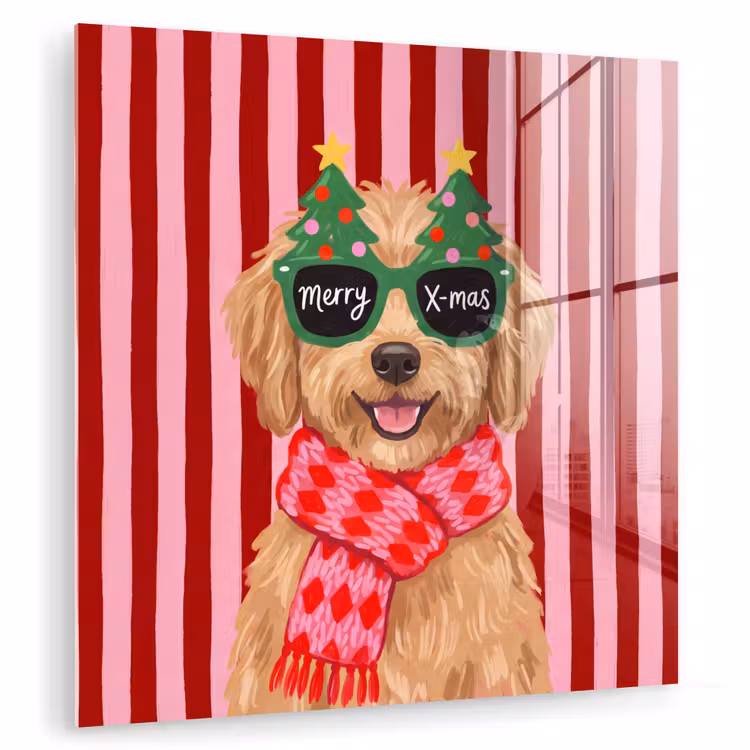 Glas schilderij - Hond - Kerst - Rood — 1