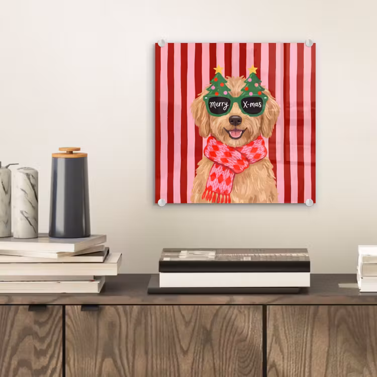 Glas schilderij - Hond - Kerst - Rood — 2