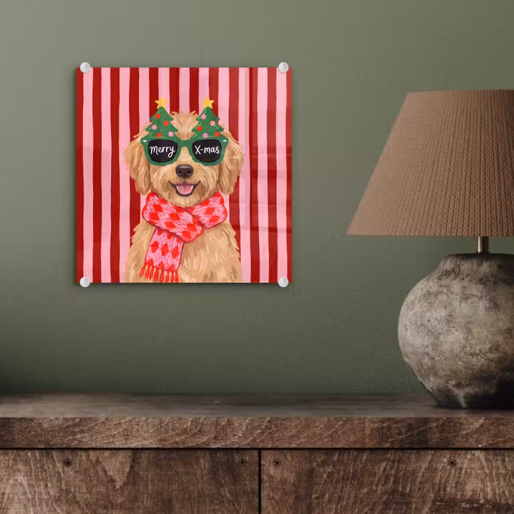 Glas schilderij - Hond - Kerst - Rood — 4