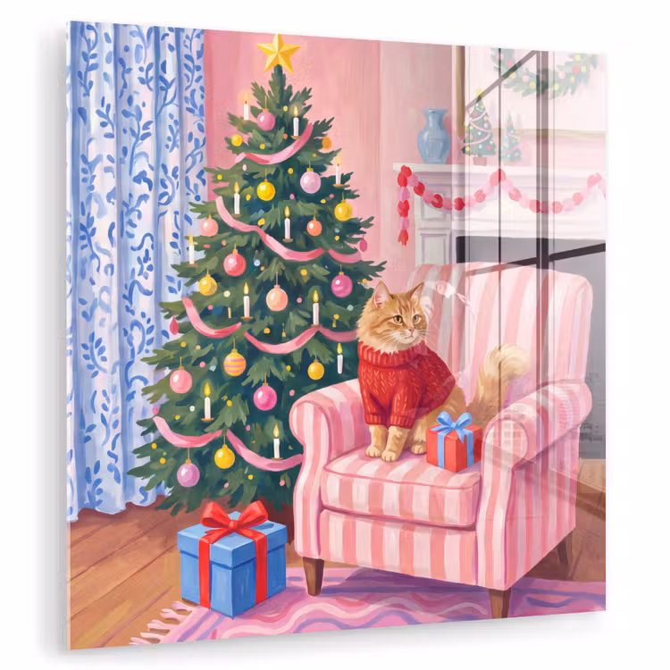Glas schilderij - Kat - Kerst - Interieur — 1