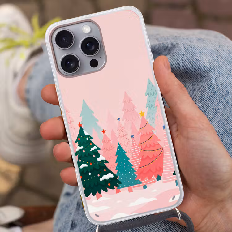 Telefoonhoesje met koord - Kerstbomen - Illustratie - Roze — 2