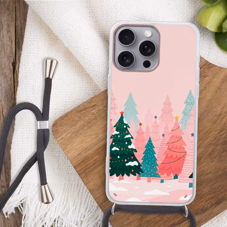 Telefoonhoesje met koord - Kerstbomen - Illustratie - Roze — 3