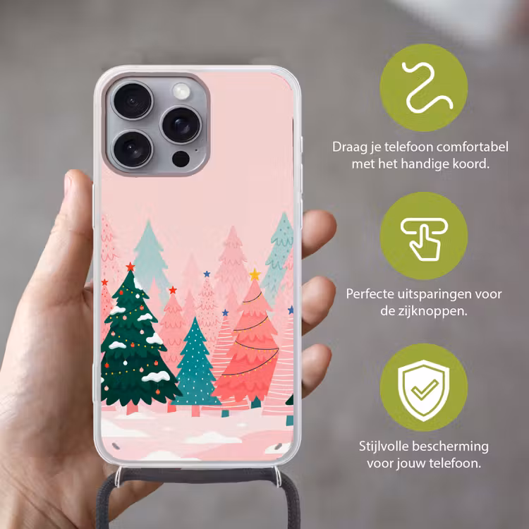 Telefoonhoesje met koord - Kerstbomen - Illustratie - Roze — 4