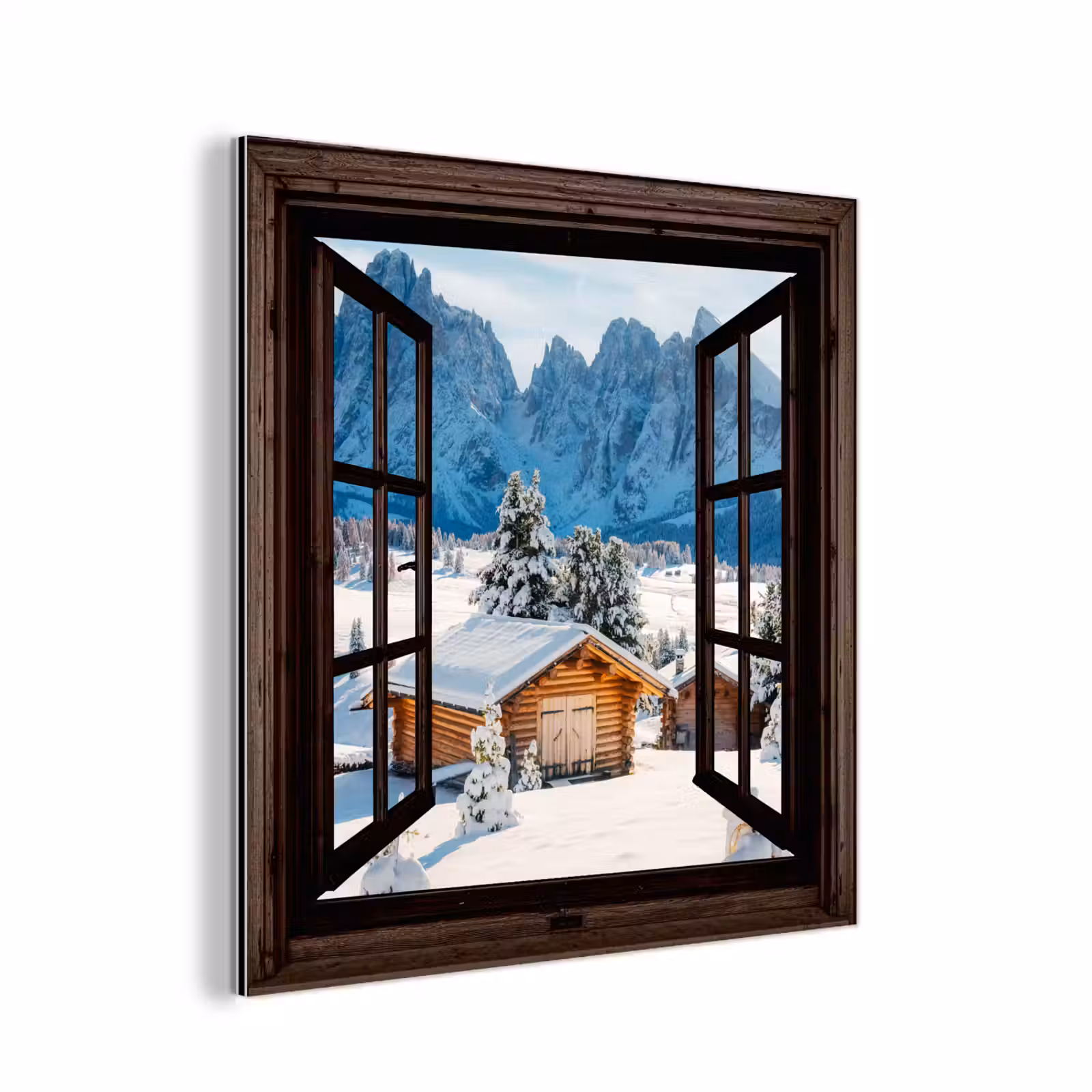 Aluminium schilderij - Doorkijk - Winter - Landschap - Huisje - Bergen — 1
