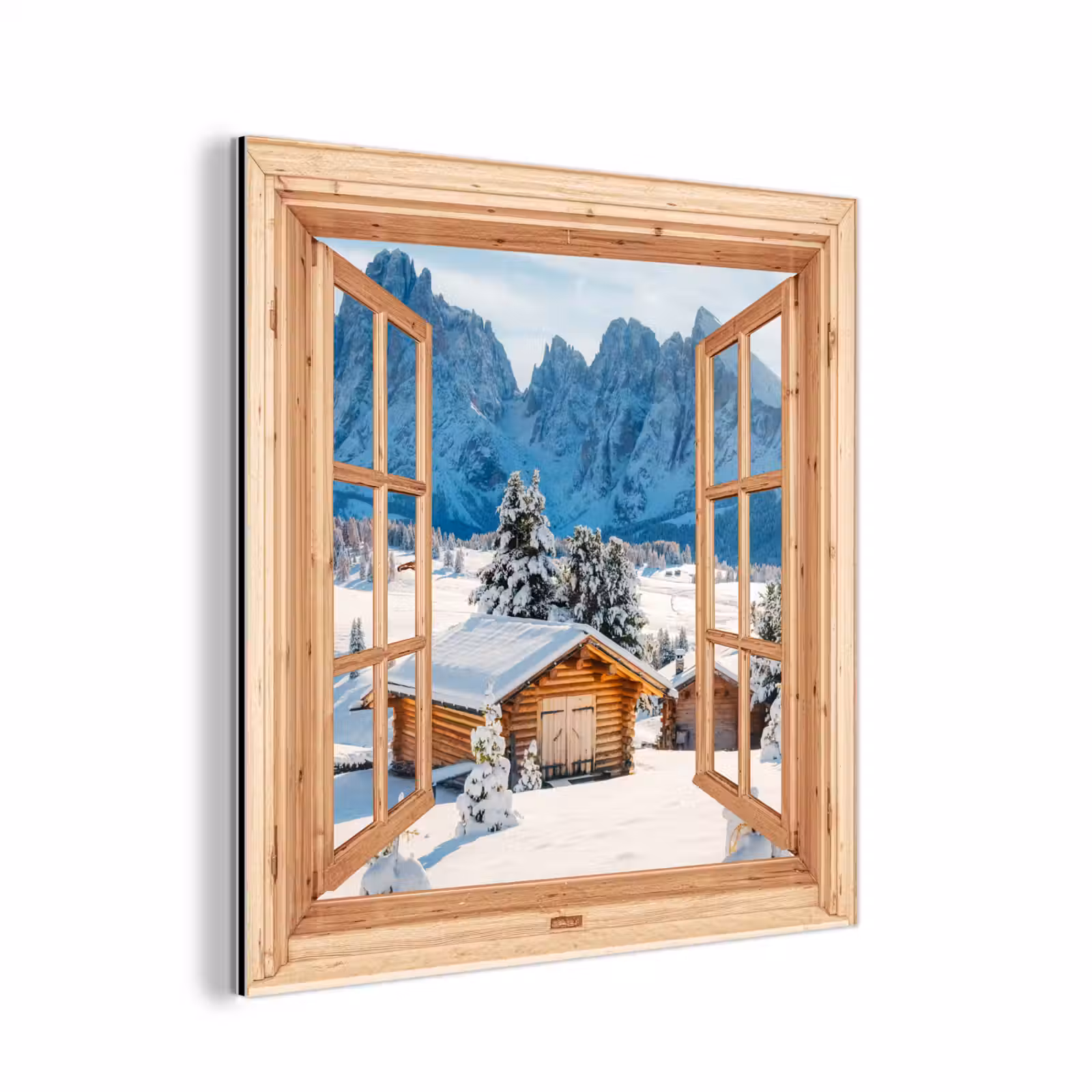 Aluminium schilderij - Doorkijk - Winterlandschap - Huisje - Bergen - Uitzicht — 1
