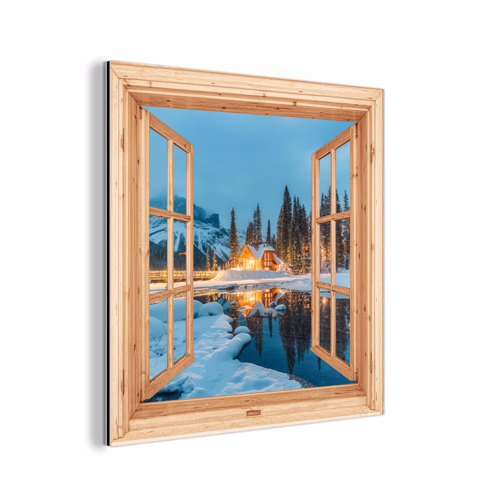 Aluminium schilderij - Winterlandschap - Natuur - Huis - Bergen - Doorkijk - Raam — 1