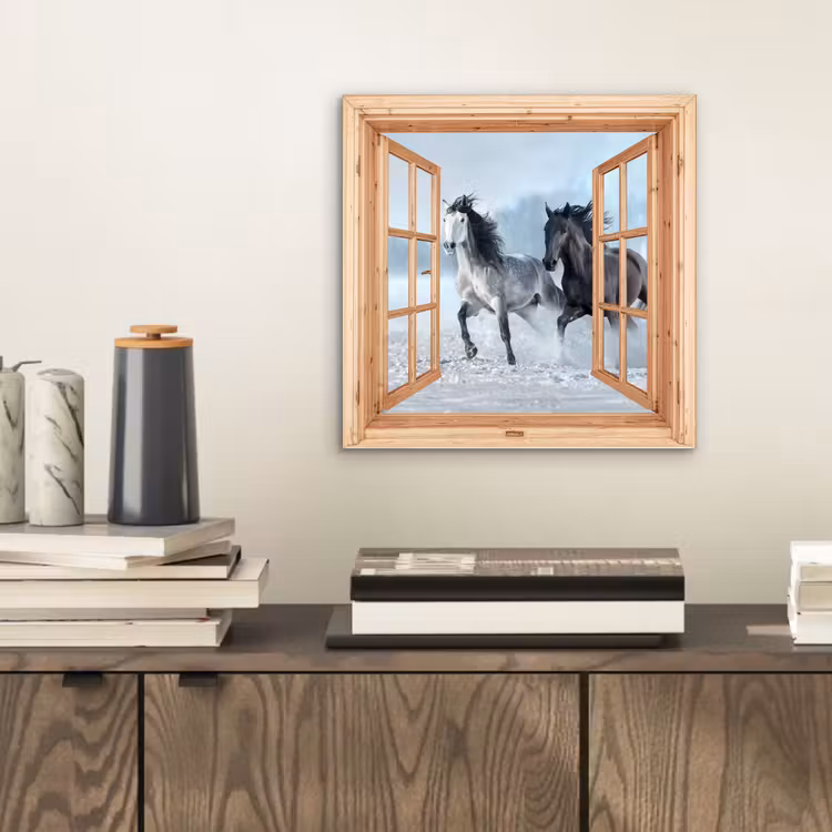 Aluminium schilderij - Doorkijk - Paarden - Winter - Dieren - Natuur - Hout — 2