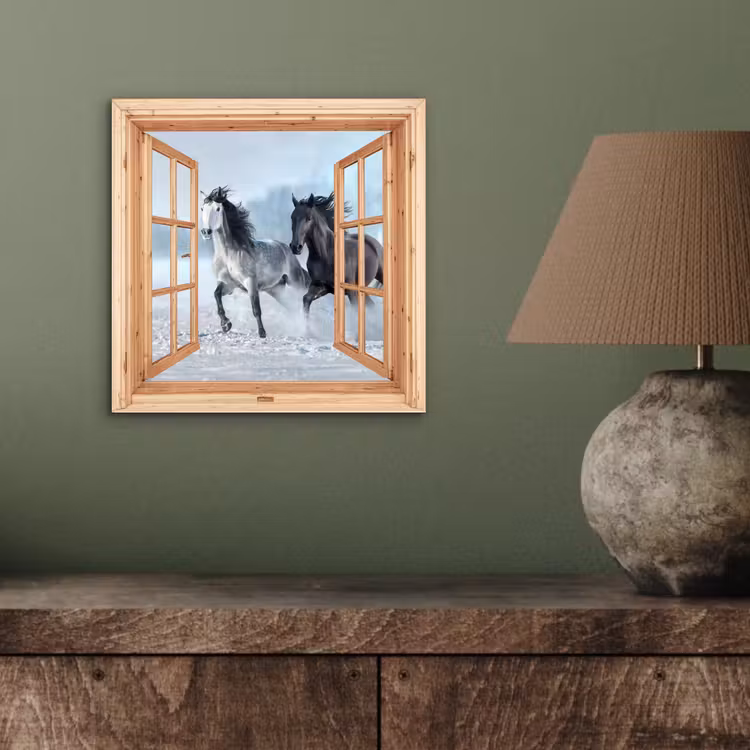 Aluminium schilderij - Doorkijk - Paarden - Winter - Dieren - Natuur - Hout — 3