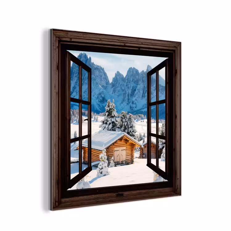 Aluminium schilderij - Doorkijk - Winter - Landschap - Huisje - Bergen — 1