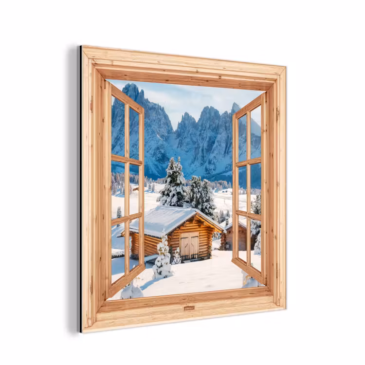 Aluminium schilderij - Doorkijk - Winterlandschap - Huisje - Bergen - Uitzicht — 1