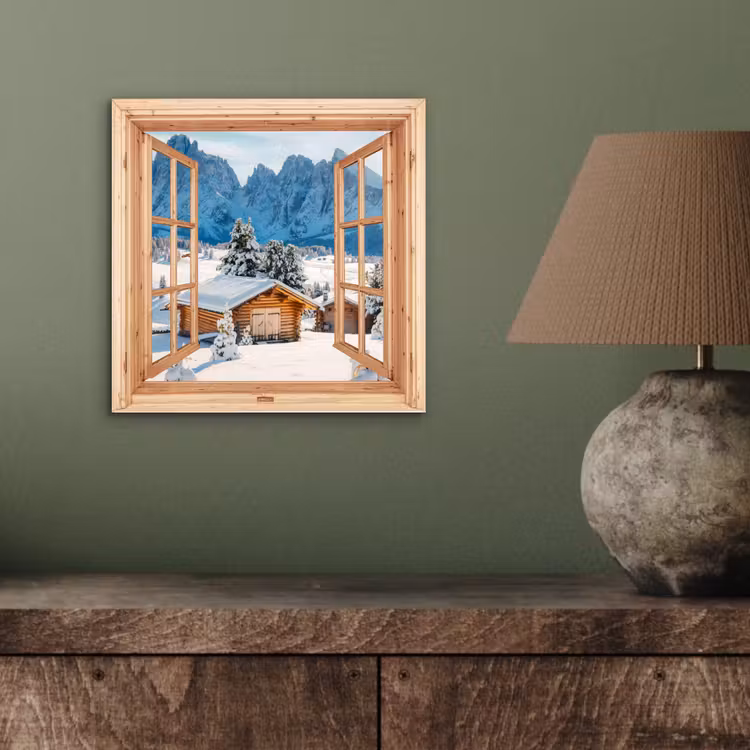 Aluminium schilderij - Doorkijk - Winterlandschap - Huisje - Bergen - Uitzicht — 3