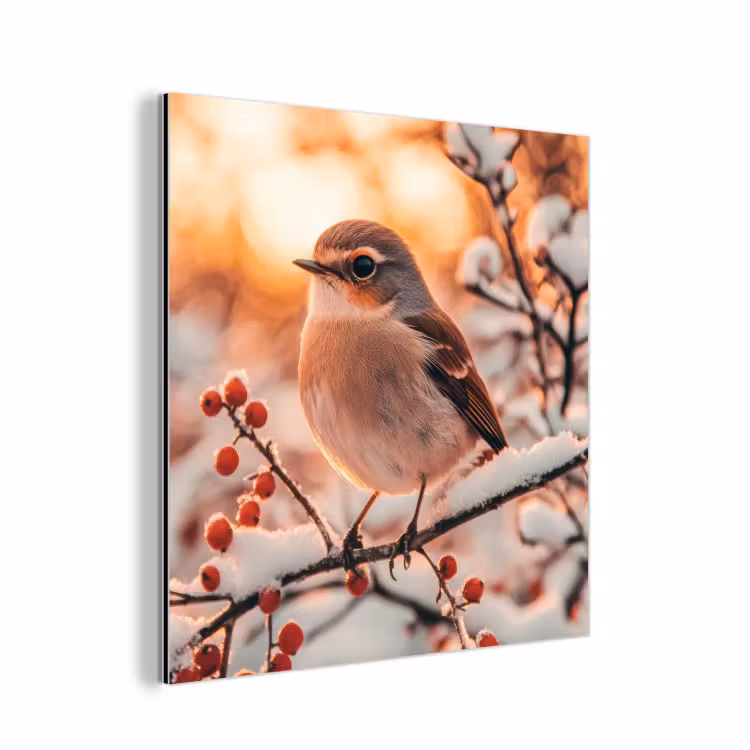 Aluminium schilderij - Vogel - Tak - Winter - Dieren - Sneeuw — 1