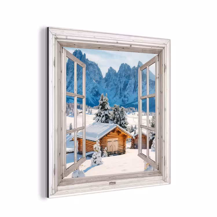 Aluminium schilderij - Winterlandschap - Huisje - Bergen - Uitzicht - Doorkijk - Natuur — 1