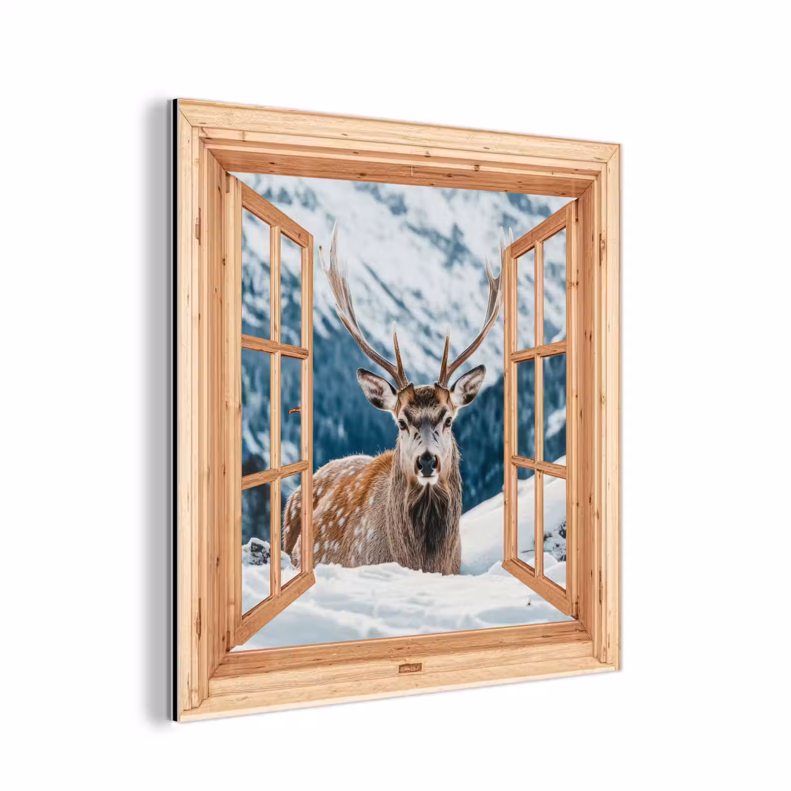 Aluminium schilderij - Doorkijk - Hert - Landschap - Winter - Natuur - Dieren - Bergen — 1