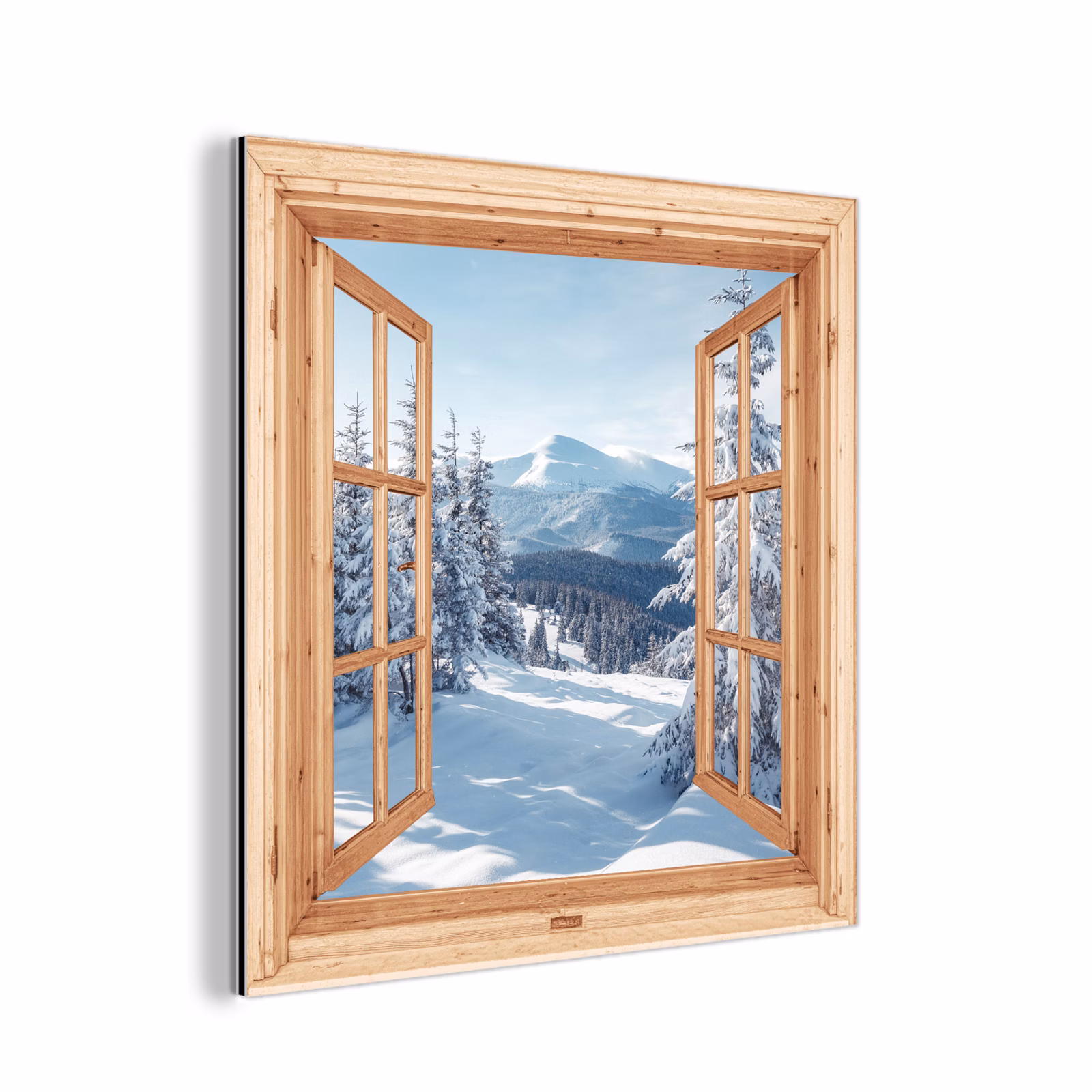 Aluminium schilderij - Doorkijk - Winterlandschap - Natuur - Berg - Bomen - Hout — 1