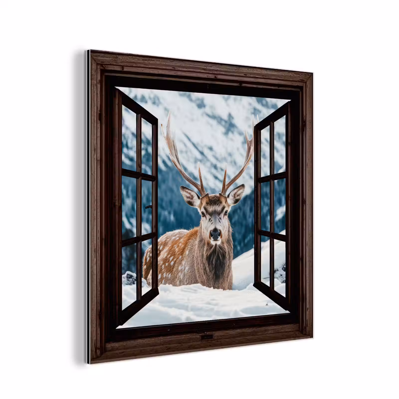Aluminium schilderij - Hert - Landschap - Winter - Natuur - Dieren - Doorkijk - Bergen — 1