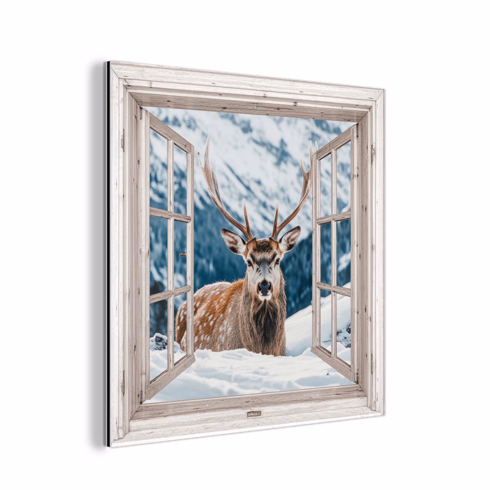Aluminium schilderij - Hert - Winterlandschap - Natuur - Dieren - Doorkijk - Bergen — 1