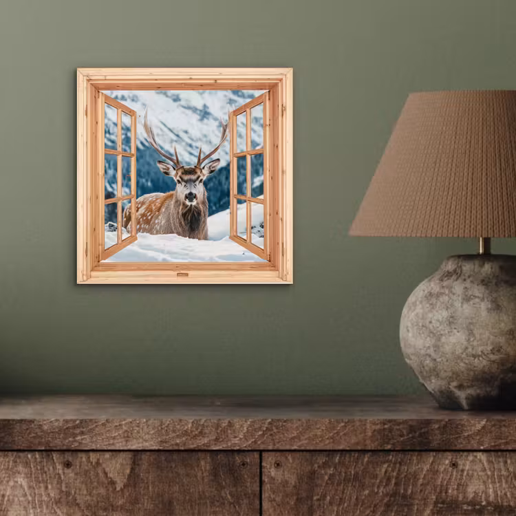 Aluminium schilderij - Doorkijk - Hert - Landschap - Winter - Natuur - Dieren - Bergen — 3