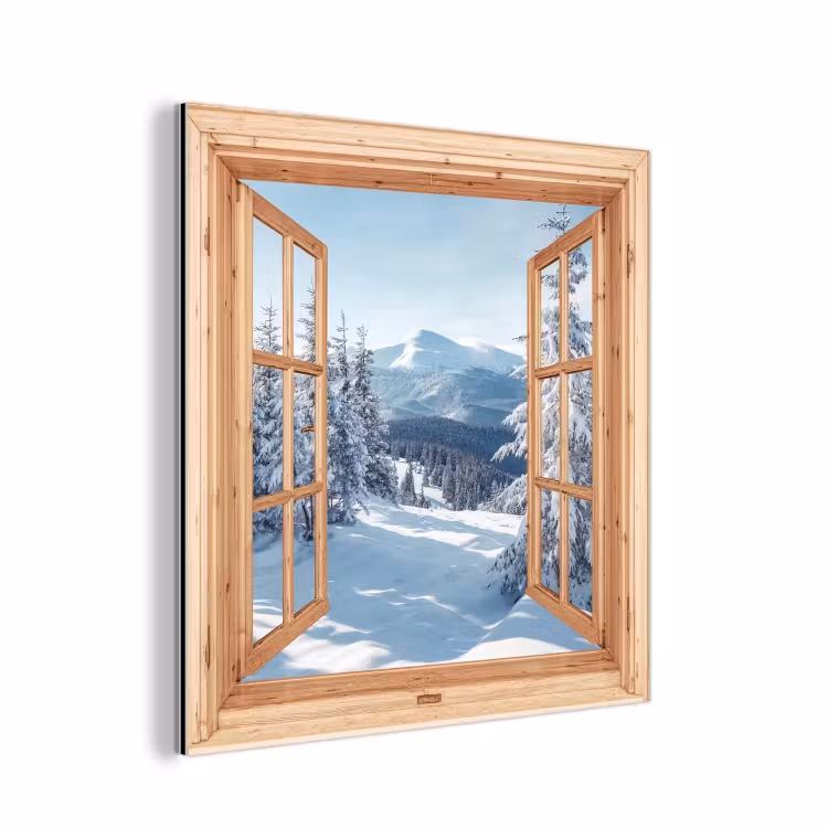 Aluminium schilderij - Doorkijk - Winterlandschap - Natuur - Berg - Bomen - Hout — 1