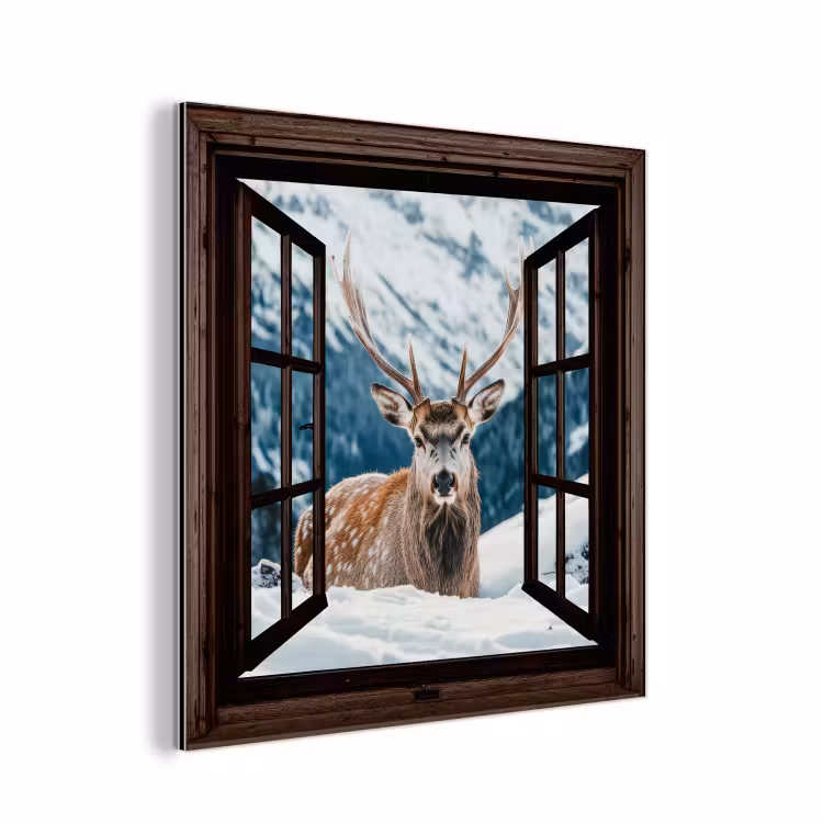 Aluminium schilderij - Hert - Landschap - Winter - Natuur - Dieren - Doorkijk - Bergen — 1