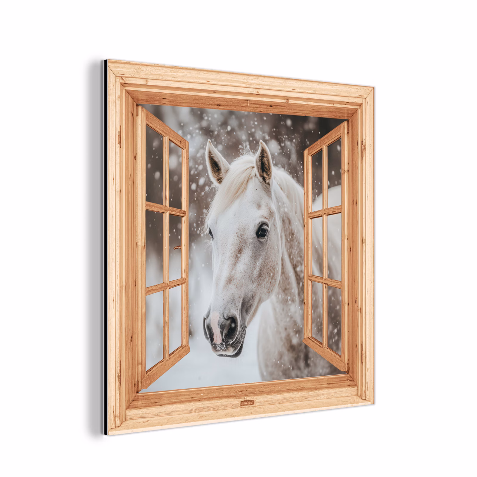 Aluminium schilderij - Doorkijk - Paard - Wit - Winter - Sneeuw - Dieren — 1