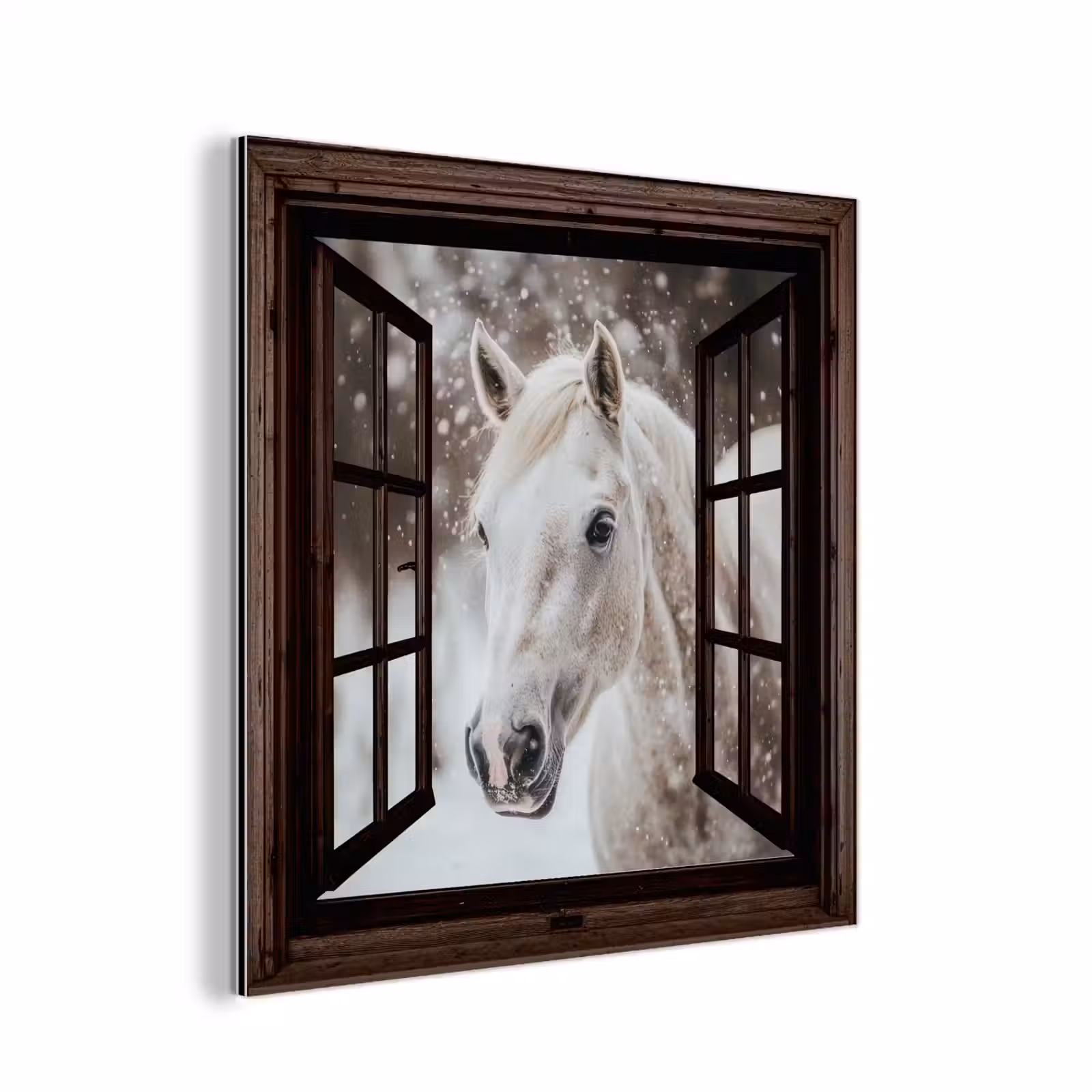 Aluminium schilderij - Doorkijk - Paard - Wit - Winterlandschap - Sneeuw — 1