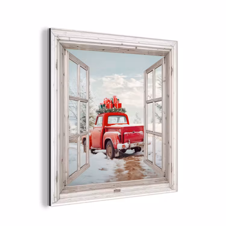 Aluminium schilderij - Auto - Rood - Cadeaus - Winter - Kerst - Doorkijk - Wit — 1