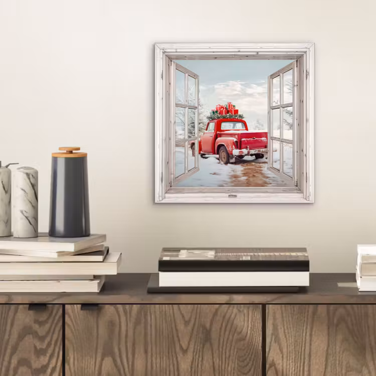 Aluminium schilderij - Auto - Rood - Cadeaus - Winter - Kerst - Doorkijk - Wit — 2
