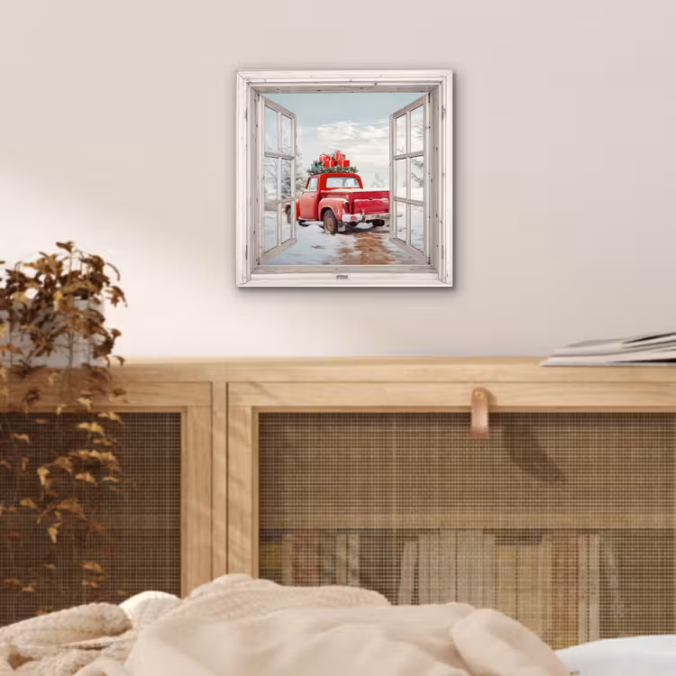 Aluminium schilderij - Auto - Rood - Cadeaus - Winter - Kerst - Doorkijk - Wit — 4