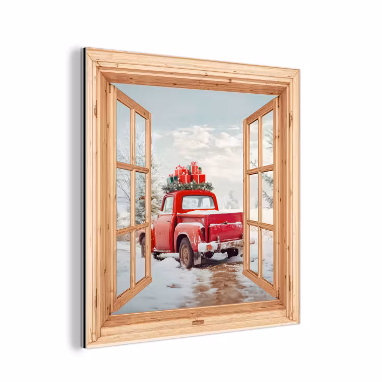 Aluminium schilderij - Doorkijk - Auto - Kerst - Cadeaus - Winter - Landschap — 1